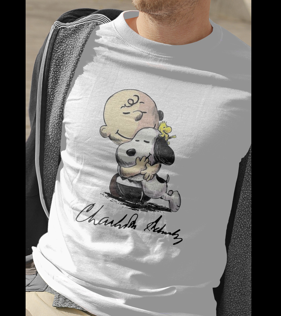 Peanuts Charlie Brown Snoopy Woodstock Hug By Charles Schulz T-Shirt
