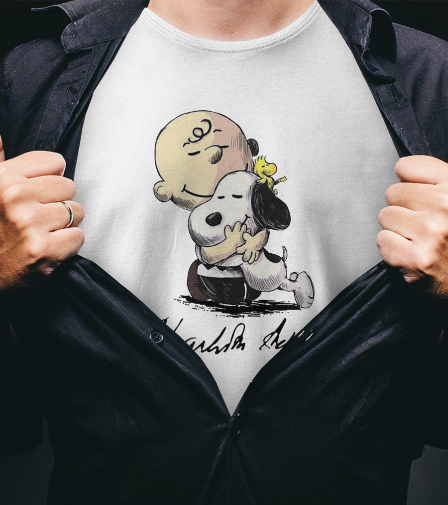 Peanuts Charlie Brown Snoopy Woodstock Hug By Charles Schulz T-Shirt