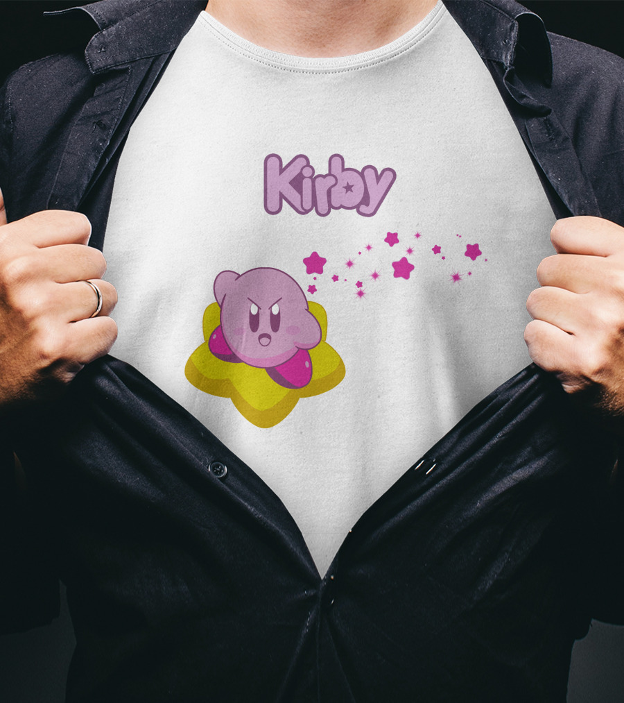 Kirby On Star With Pink Sparkling Stars Trail T-Shirt