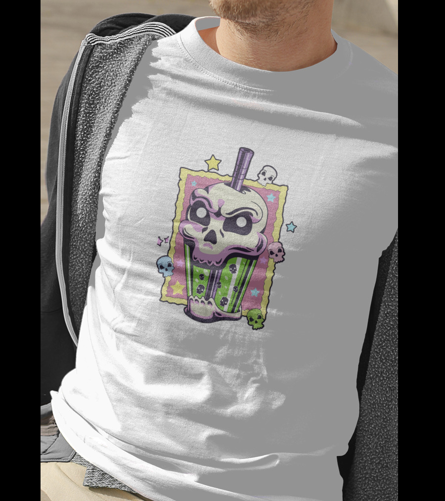Kawaii Creepy Skull Boba Bubble Stars Pastel Skulls T-Shirt