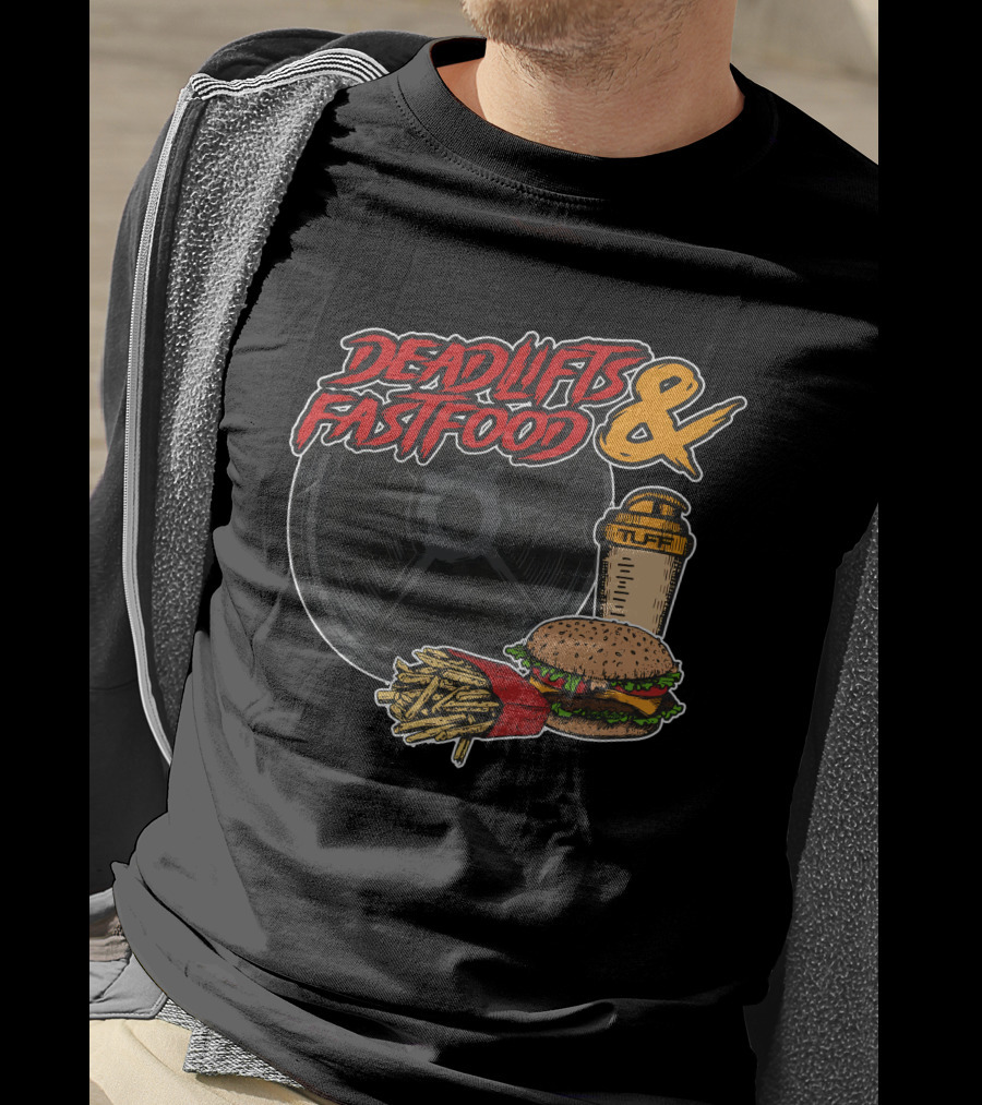 Deadlifts And Fastfood Burger Fries Protein Shake Weight Plate T-Shirt