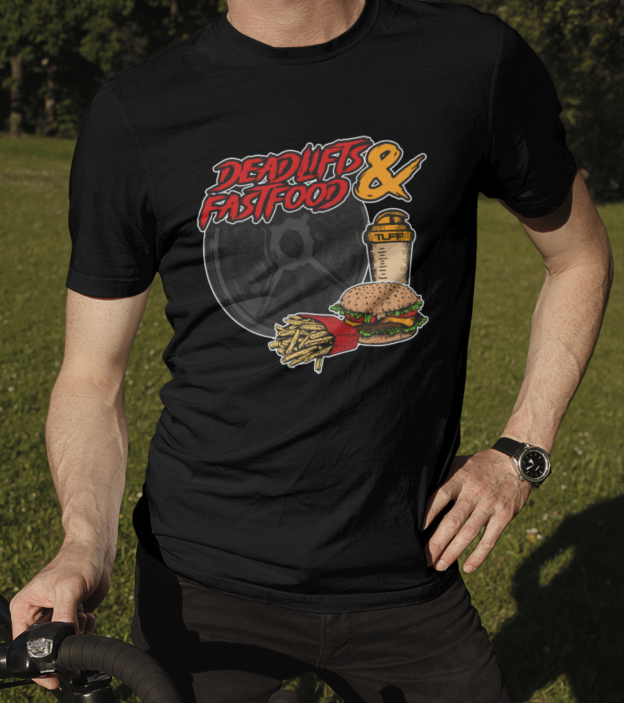 Deadlifts And Fastfood Burger Fries Protein Shake Weight Plate T-Shirt