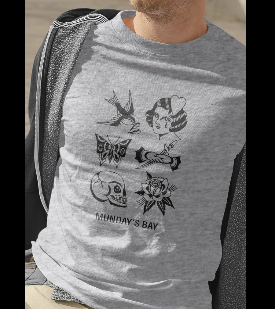 Munday's Bay Traditional Tattoo Style Icons Butterfly Skull Rose Swallow Woman Dagger T-Shirt