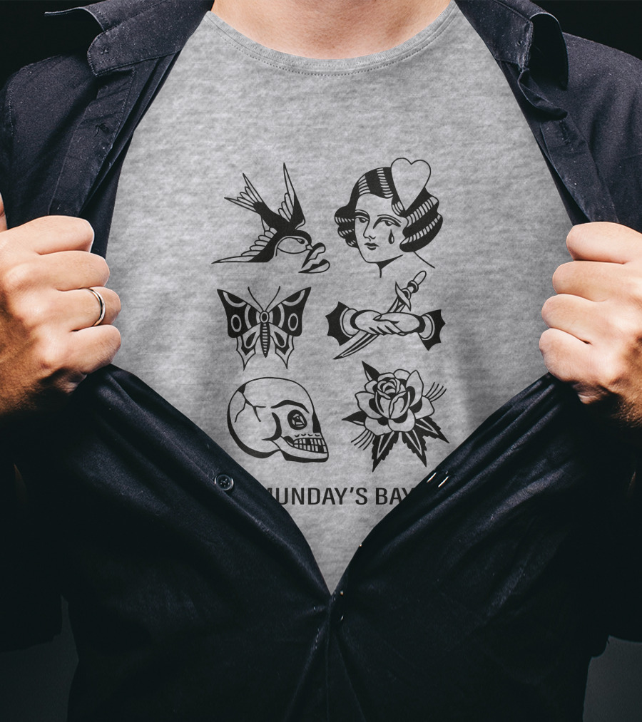 Munday's Bay Traditional Tattoo Style Icons Butterfly Skull Rose Swallow Woman Dagger T-Shirt