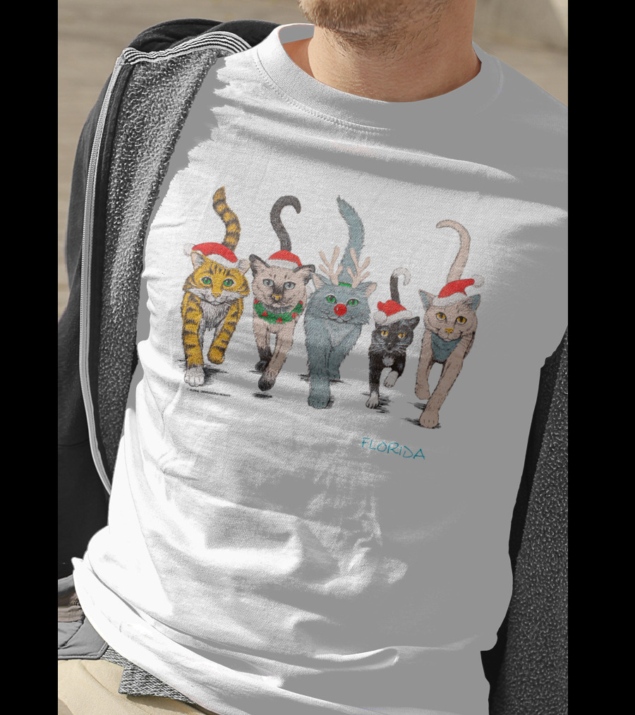 Festive Florida 90s Christmas Cats Holiday Santa Hats And Reindeer Antlers T-Shirt