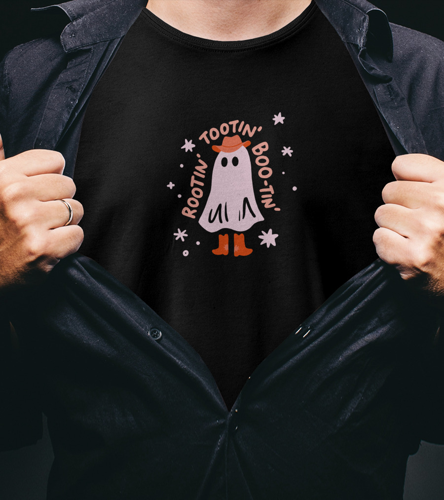 Rootin Tootin Boo Tin Ghost With Cowboy Hat And Boots Surrounded By Stars T-Shirt