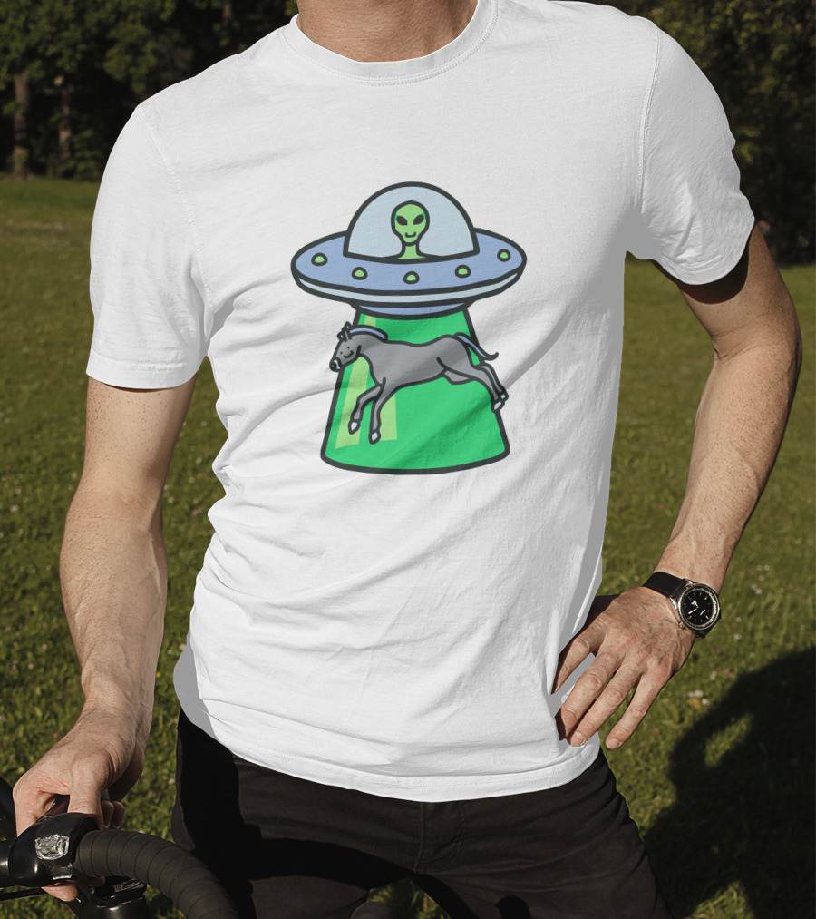 Alex's Stupid Studio Alien Lime UFO Abducting Horse T-Shirt