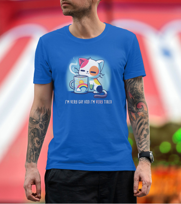 Premium T-Shirt: I'm Very Gay And I'm Very Tired Cat with Coffee and Rainbow Sun Cup T-Shirt I'm Very Gay And I'm Very Tired Cat with Coffee and Rainbow Sun Cup T-Shirt
