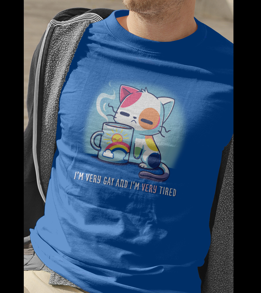 I'm Very Gay And I'm Very Tired Cat With Coffee And Rainbow Sun Cup T-Shirt