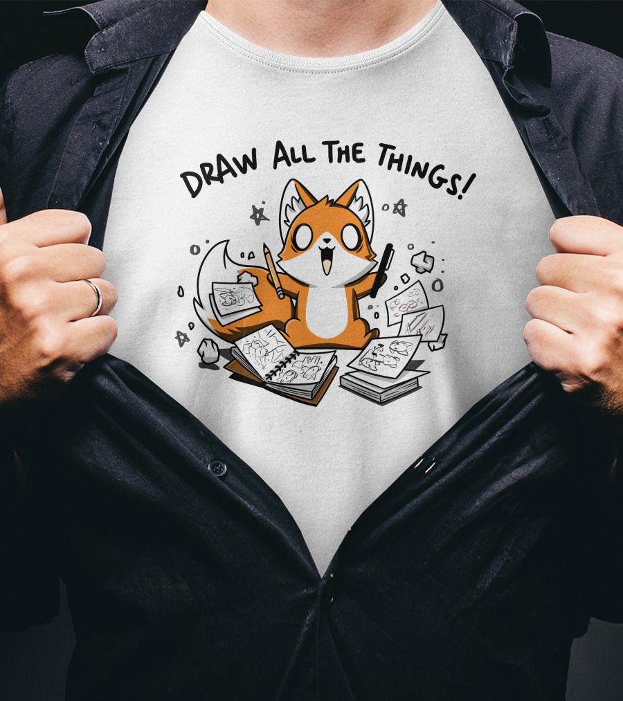Fox With Sketchbooks And Pens Enthusiastically Draw All The Things T-Shirt