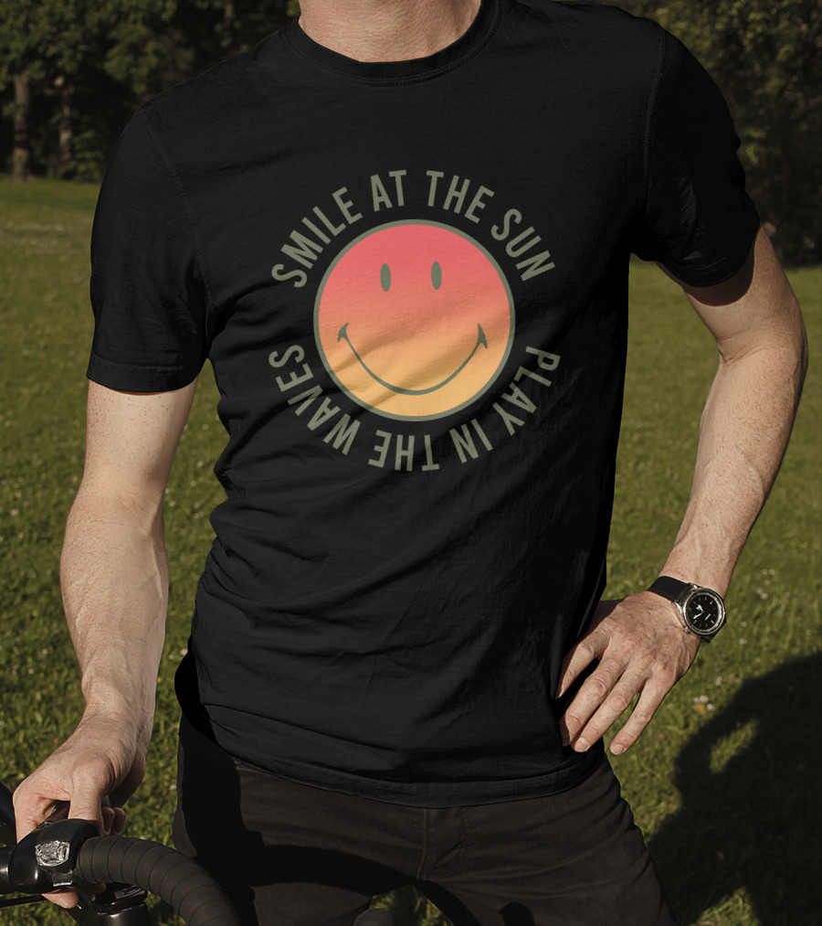 Smile At The Sun Play In The Waves Sunset Gradient Smiley Face T-Shirt