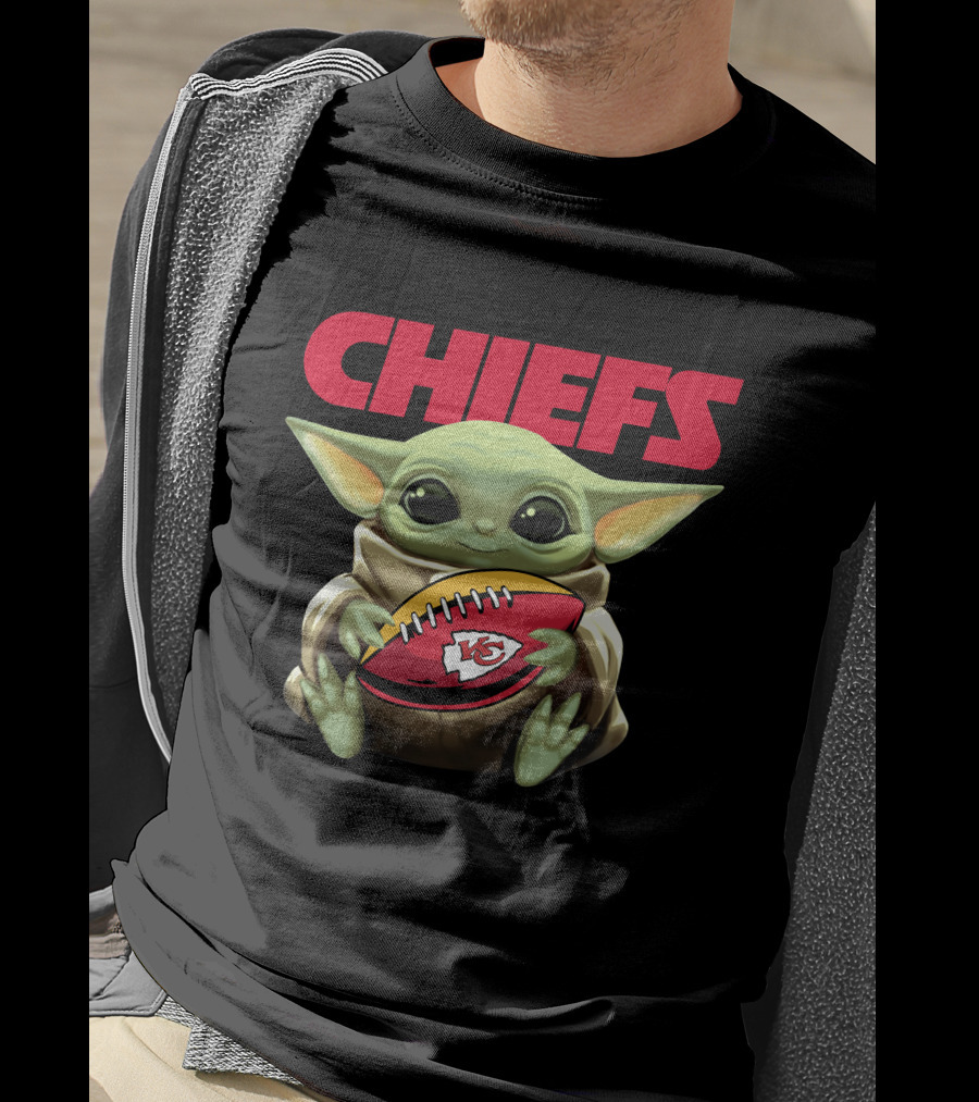 CHIEFS Baby Yoda Holding KC Chiefs Football T-Shirt