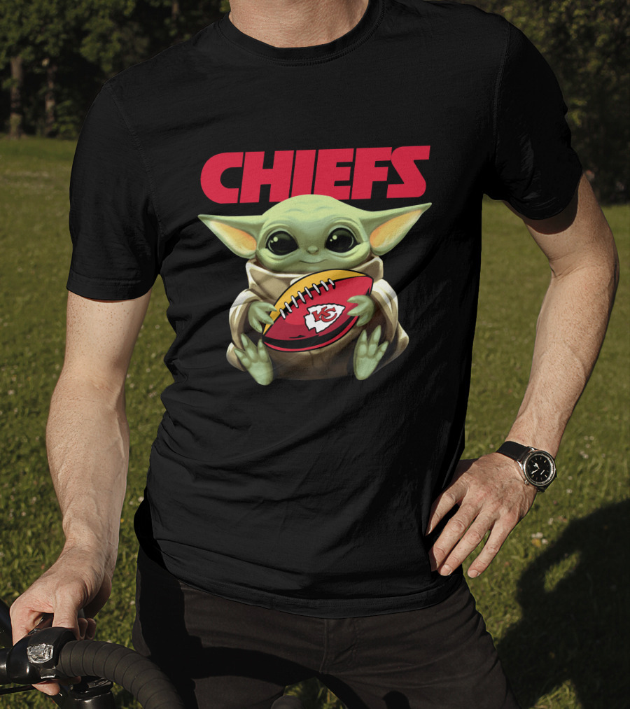 CHIEFS Baby Yoda Holding KC Chiefs Football T-Shirt