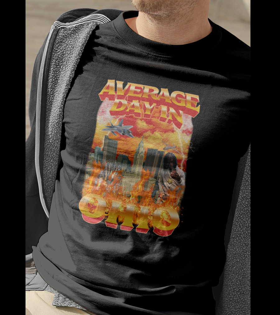 Average Day In Ohio Flaming Cityscape Fighter Jets Chaos T-Shirt