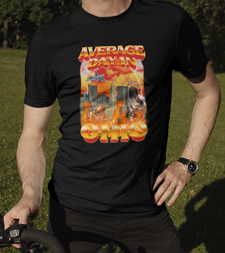 Average Day In Ohio Flaming Cityscape Fighter Jets Chaos T-Shirt