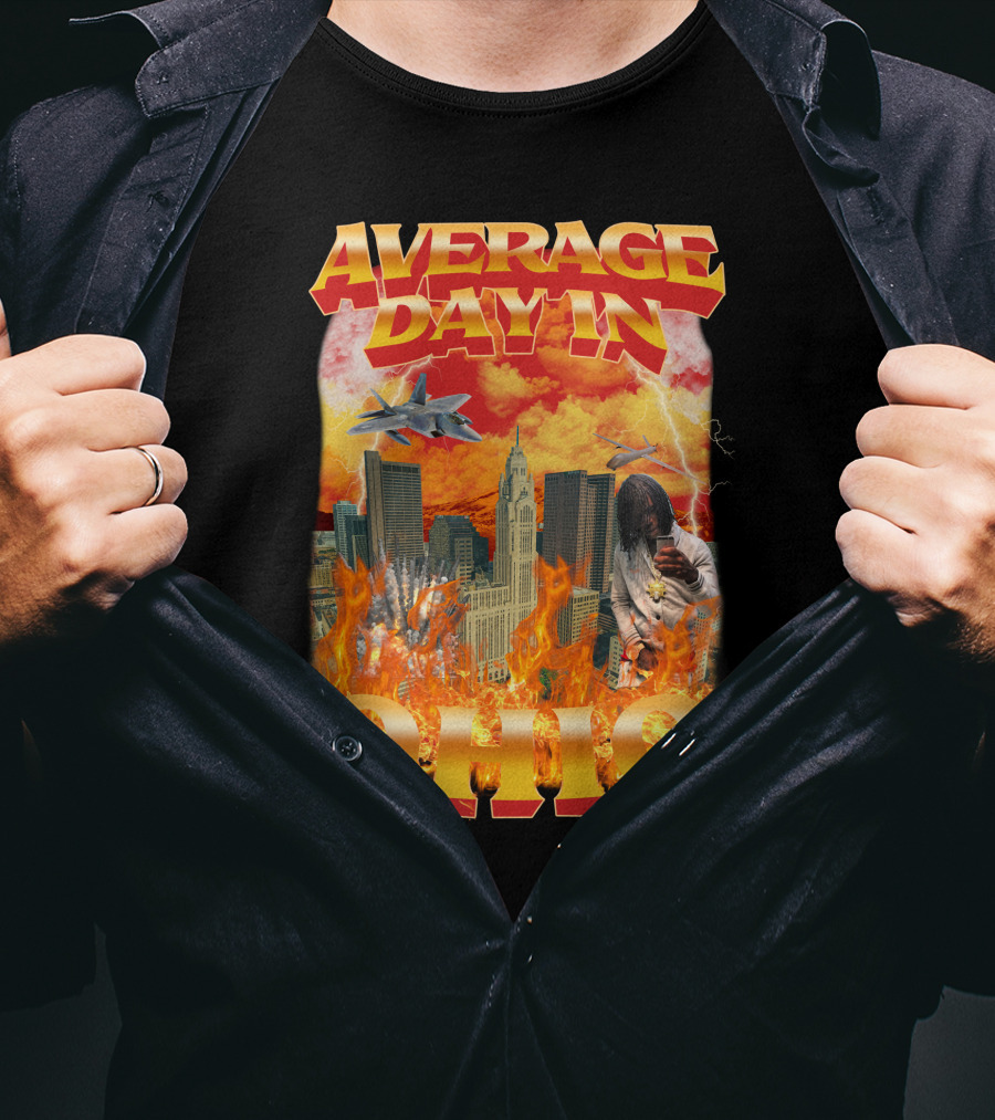 Average Day In Ohio Flaming Cityscape Fighter Jets Chaos T-Shirt
