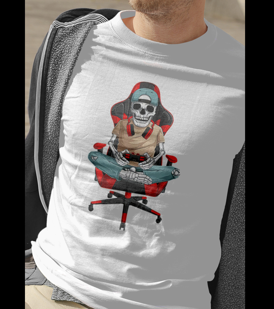 Skeleton Gamer In Cool Chair With Headphones And Controller T-Shirt