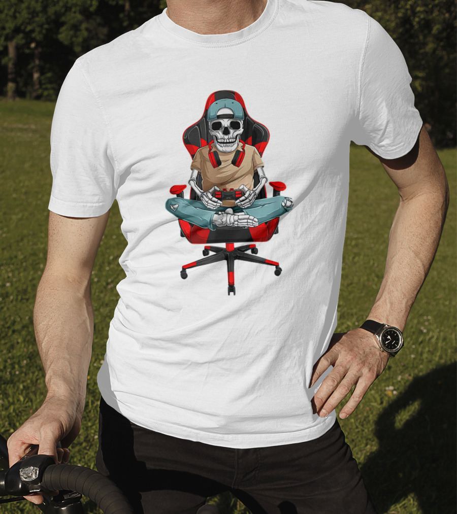 Skeleton Gamer In Cool Chair With Headphones And Controller T-Shirt