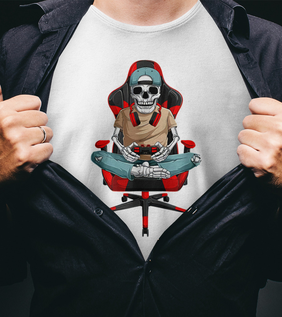 Skeleton Gamer In Cool Chair With Headphones And Controller T-Shirt