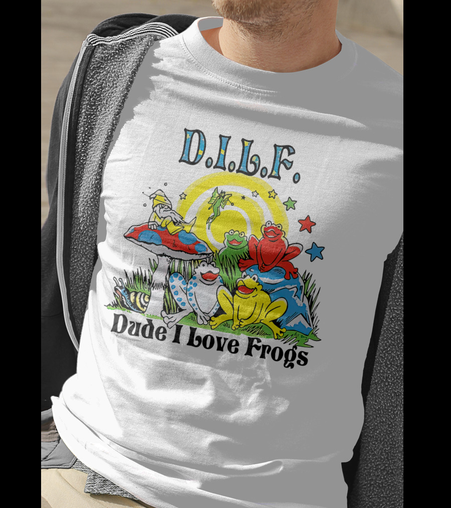 D.I.L.F. Dude I Love Frogs Colorful Frog Scene With Stars And Mushrooms T-Shirt