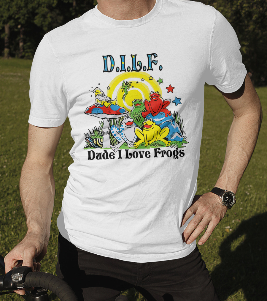 D.I.L.F. Dude I Love Frogs Colorful Frog Scene With Stars And Mushrooms T-Shirt