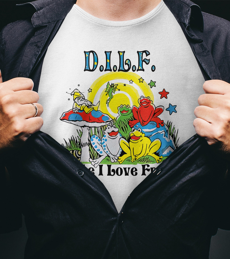 D.I.L.F. Dude I Love Frogs Colorful Frog Scene With Stars And Mushrooms T-Shirt