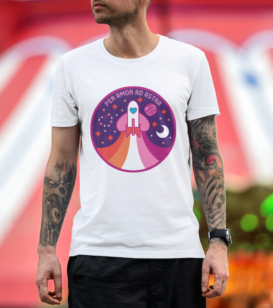 Per Amor Ad Astra Space Pride Lesbian Flag Rocket Heart Planet Moon T-Shirt