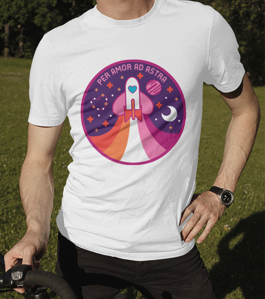 Per Amor Ad Astra Space Pride Lesbian Flag Rocket Heart Planet Moon T-Shirt