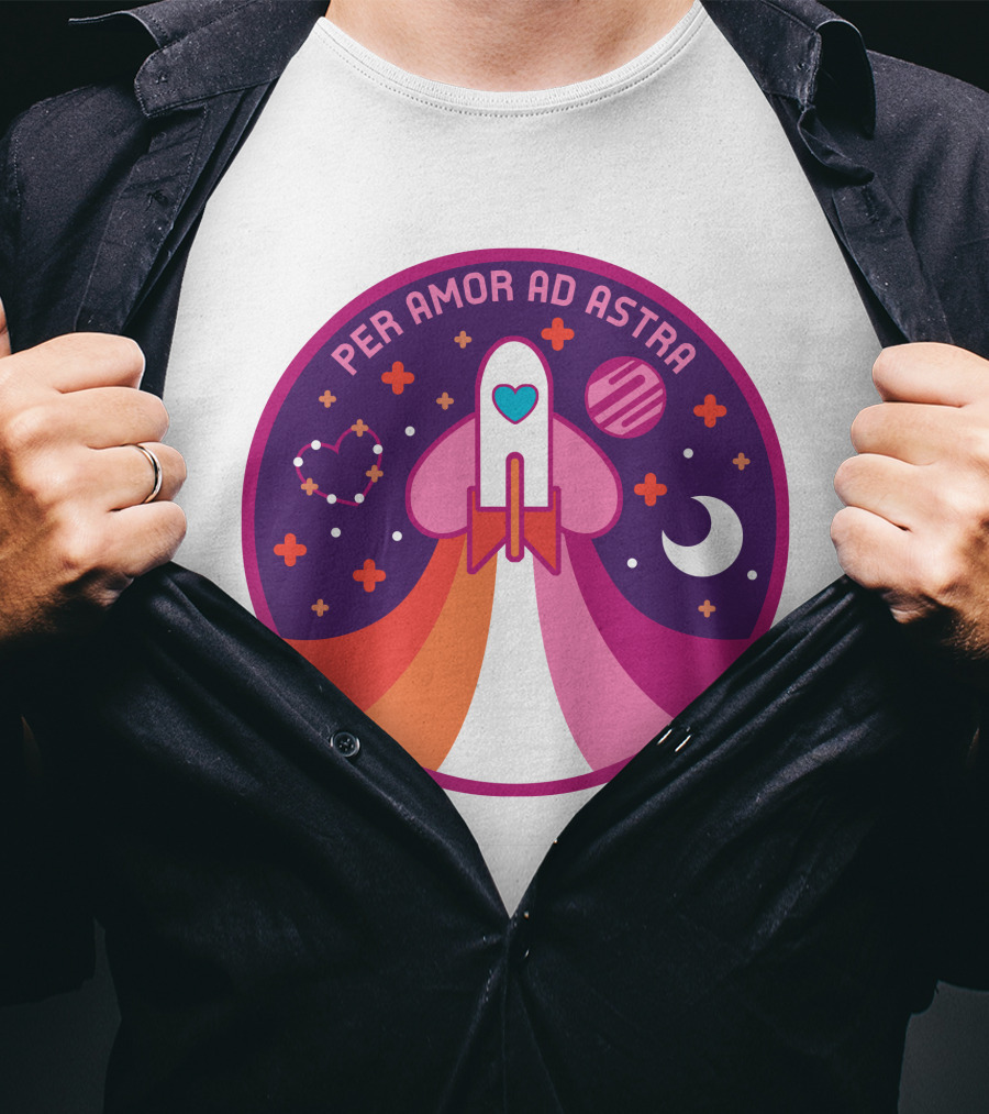 Per Amor Ad Astra Space Pride Lesbian Flag Rocket Heart Planet Moon T-Shirt