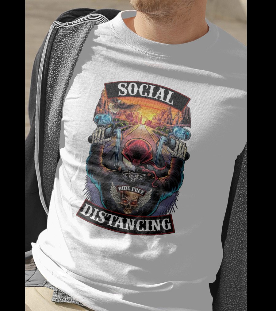 Social Distancing Ride Free Biker Skull Chicano Crew Motorcycle T-Shirt