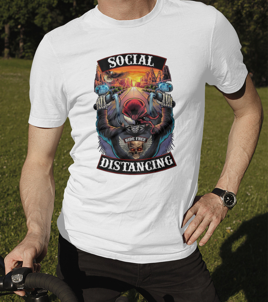 Social Distancing Ride Free Biker Skull Chicano Crew Motorcycle T-Shirt