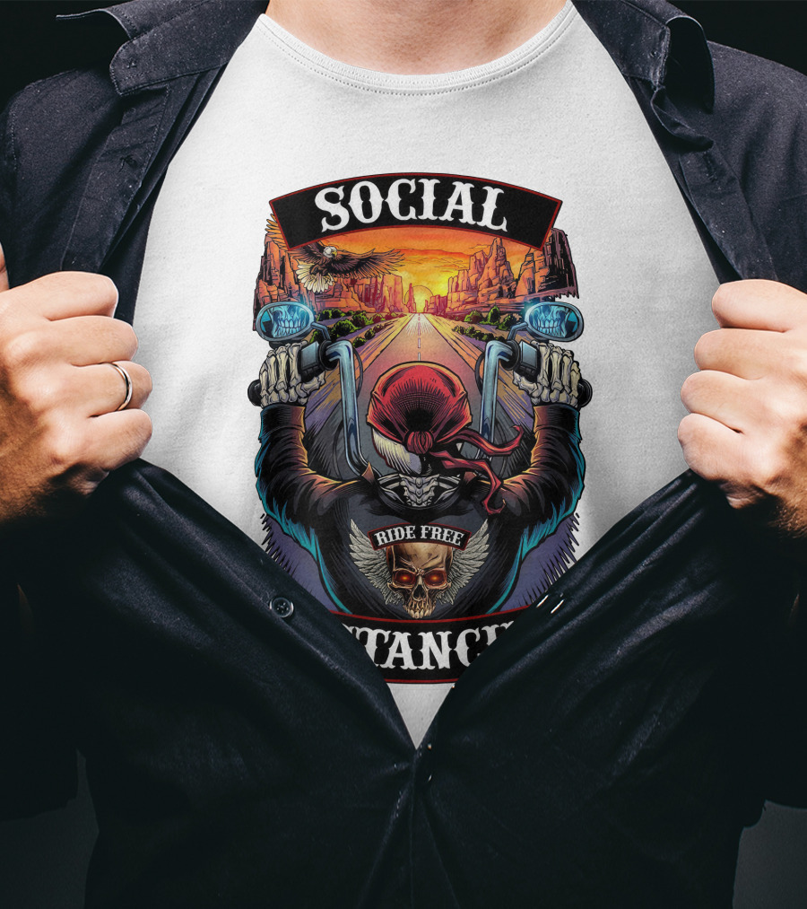 Social Distancing Ride Free Biker Skull Chicano Crew Motorcycle T-Shirt