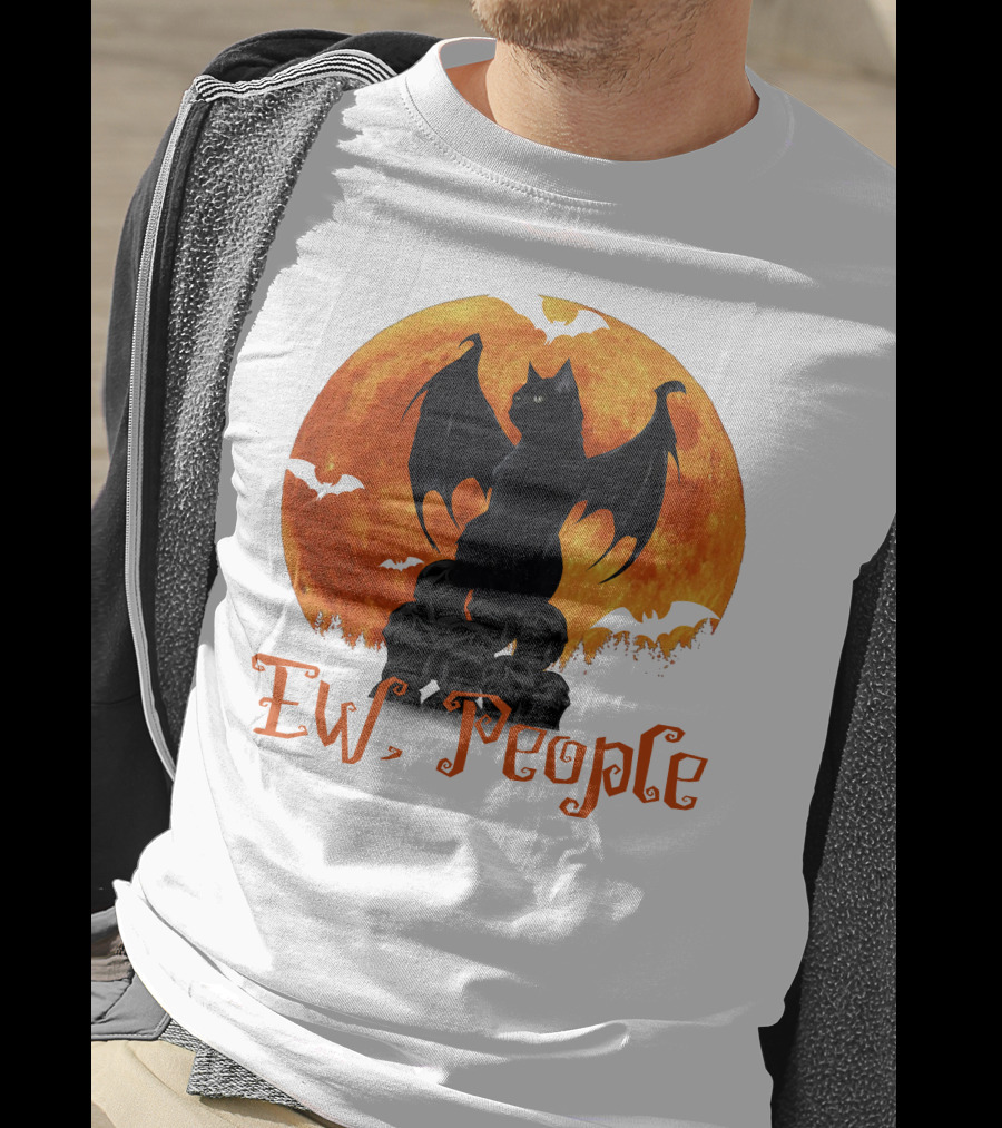 Ew People Black Cat With Bat Wings Halloween Orange Moon T-Shirt
