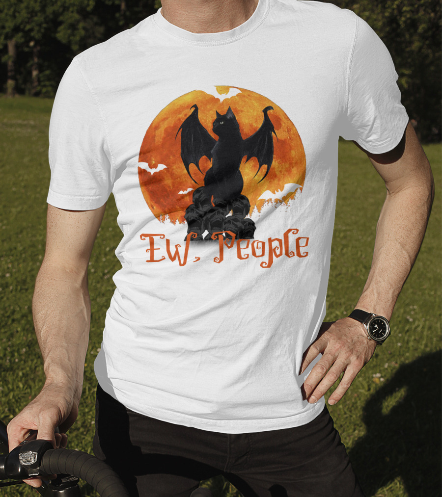 Ew People Black Cat With Bat Wings Halloween Orange Moon T-Shirt