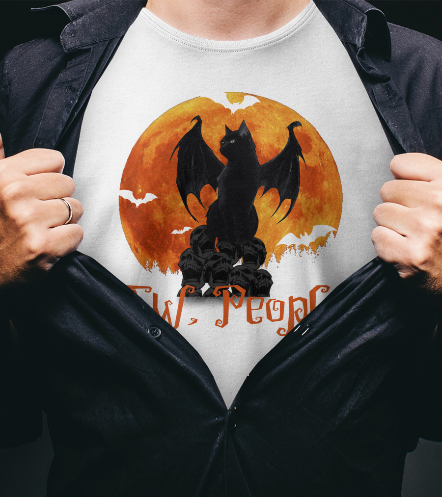 Ew People Black Cat With Bat Wings Halloween Orange Moon T-Shirt