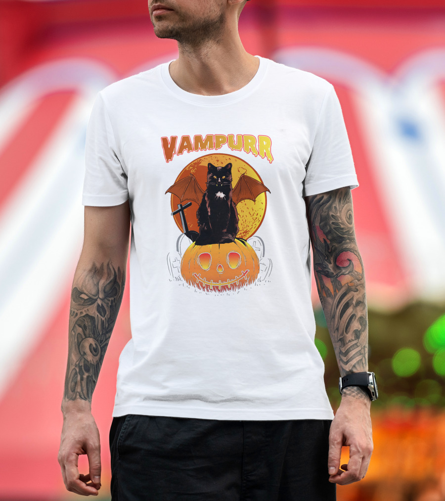 Vampurr Black Cat with Bat Wings and Pumpkin Halloween T-Shirt