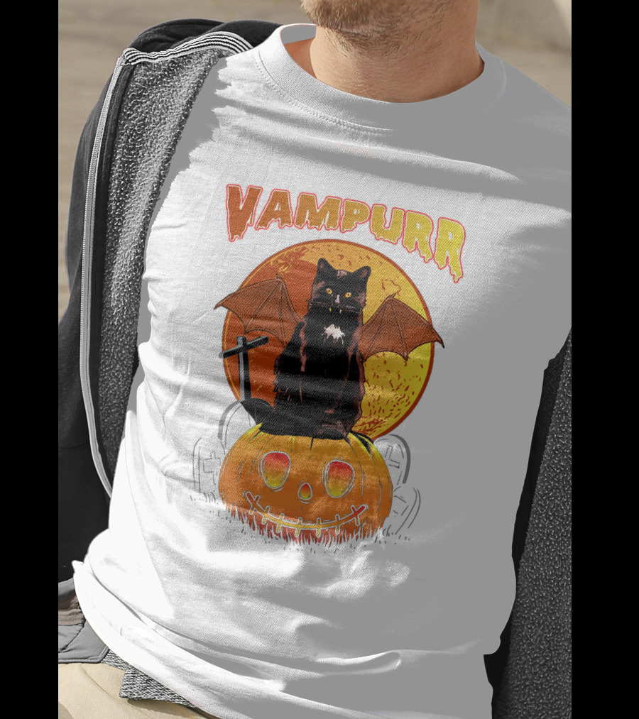 Vampurr Black Cat With Bat Wings And Pumpkin Halloween T-Shirt