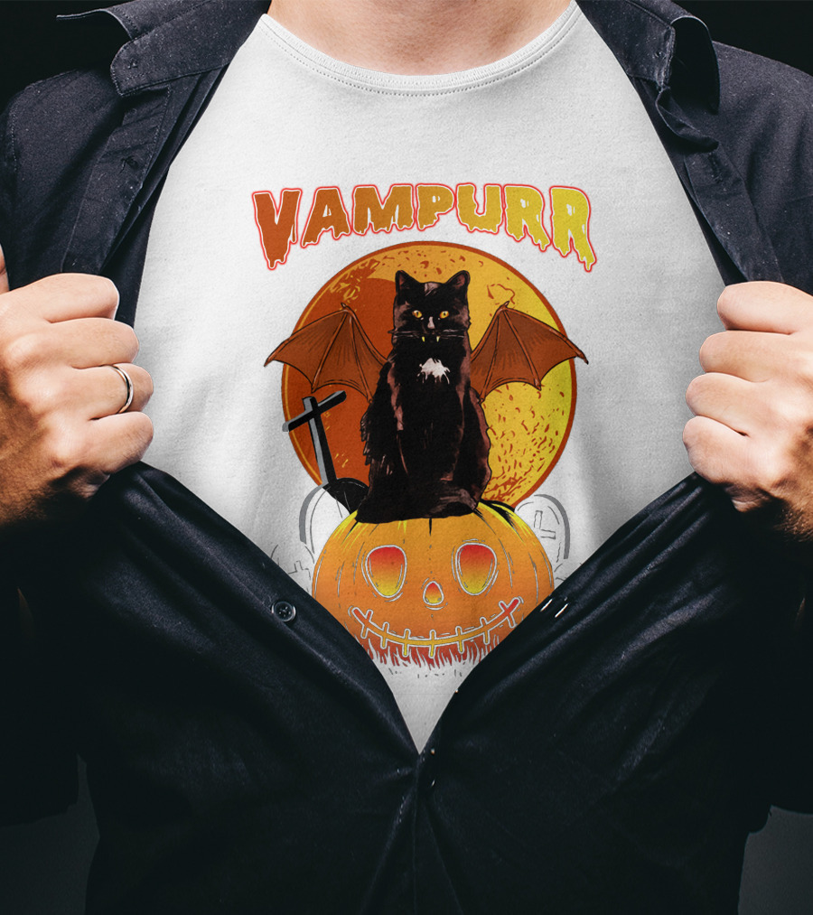 Vampurr Black Cat With Bat Wings And Pumpkin Halloween T-Shirt