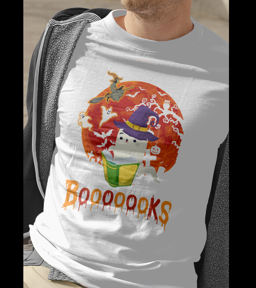 BOOOOOOKS Ghost Reading Witch Hat Halloween Scene T-Shirt
