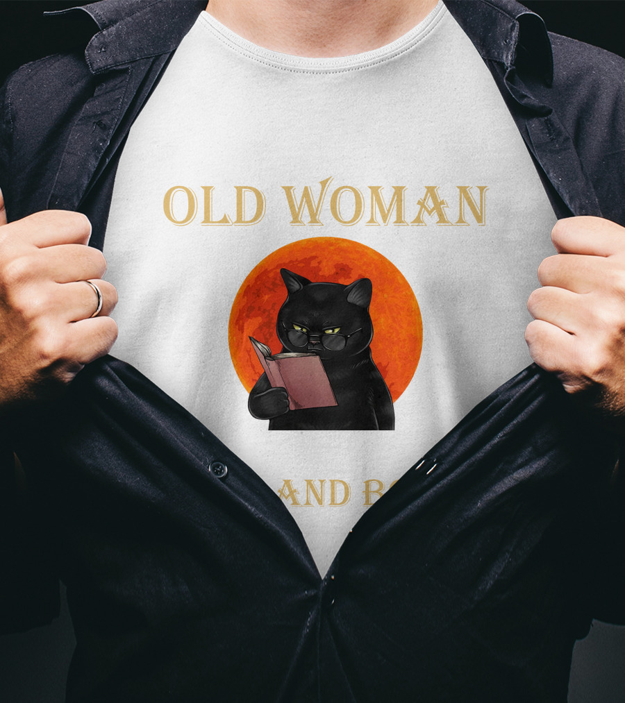 Old Woman Cats And Books Black Cat Reading Orange Moon T-Shirt