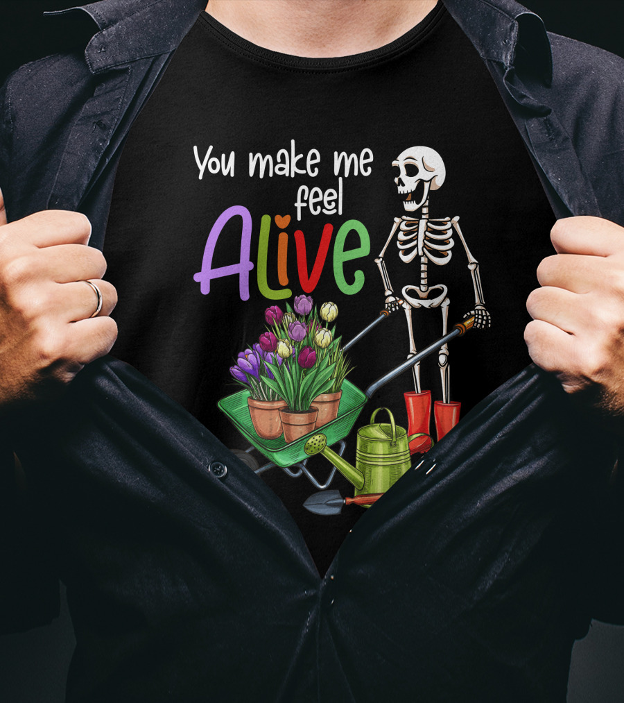 Alive Gardening Farmer Skeleton With Tulips And Watering Can T-Shirt