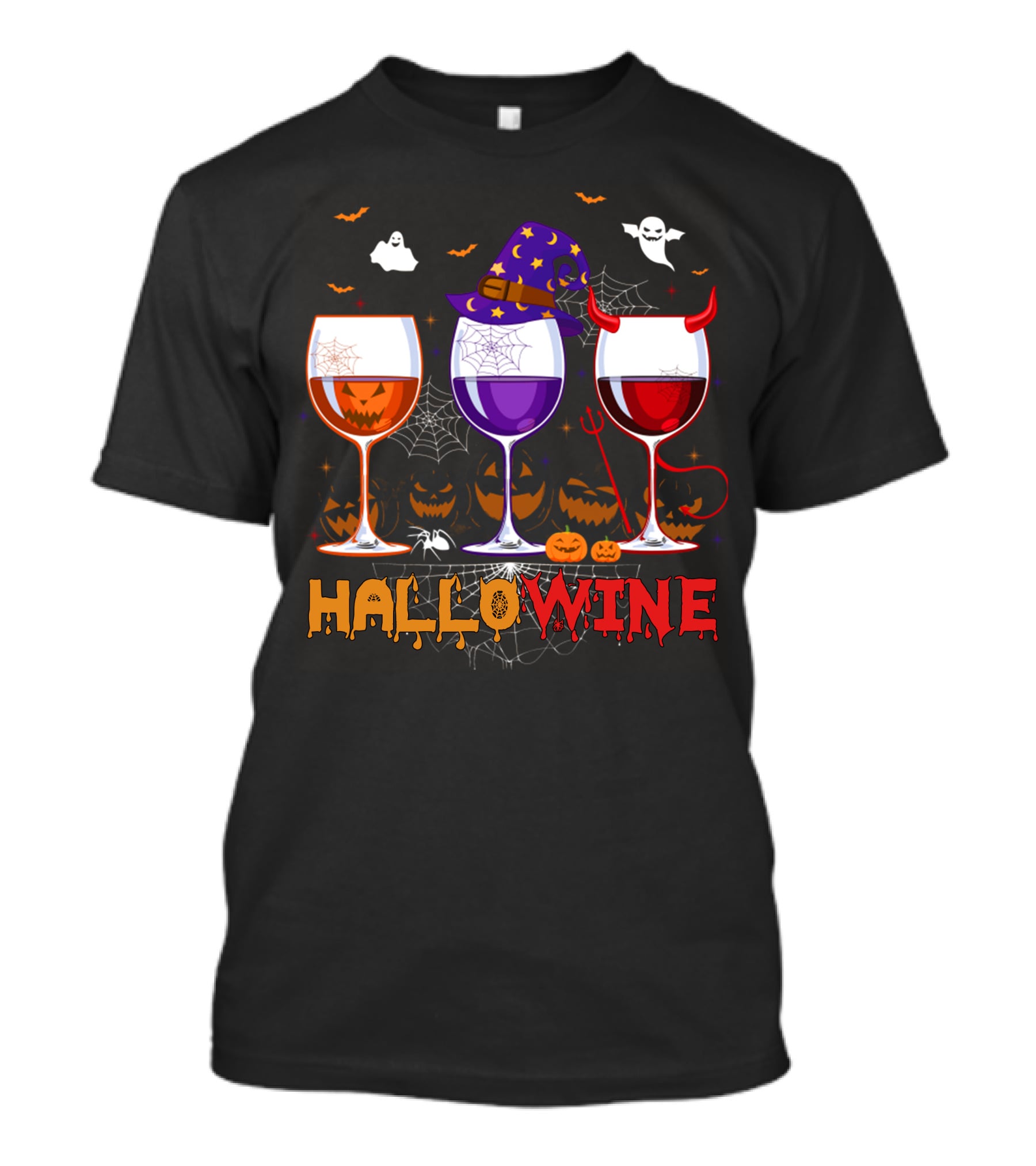 Haloween Hallowine Witch Hat Devil Horns Jack-O'-Lanterns Wine Glasses T-Shirt