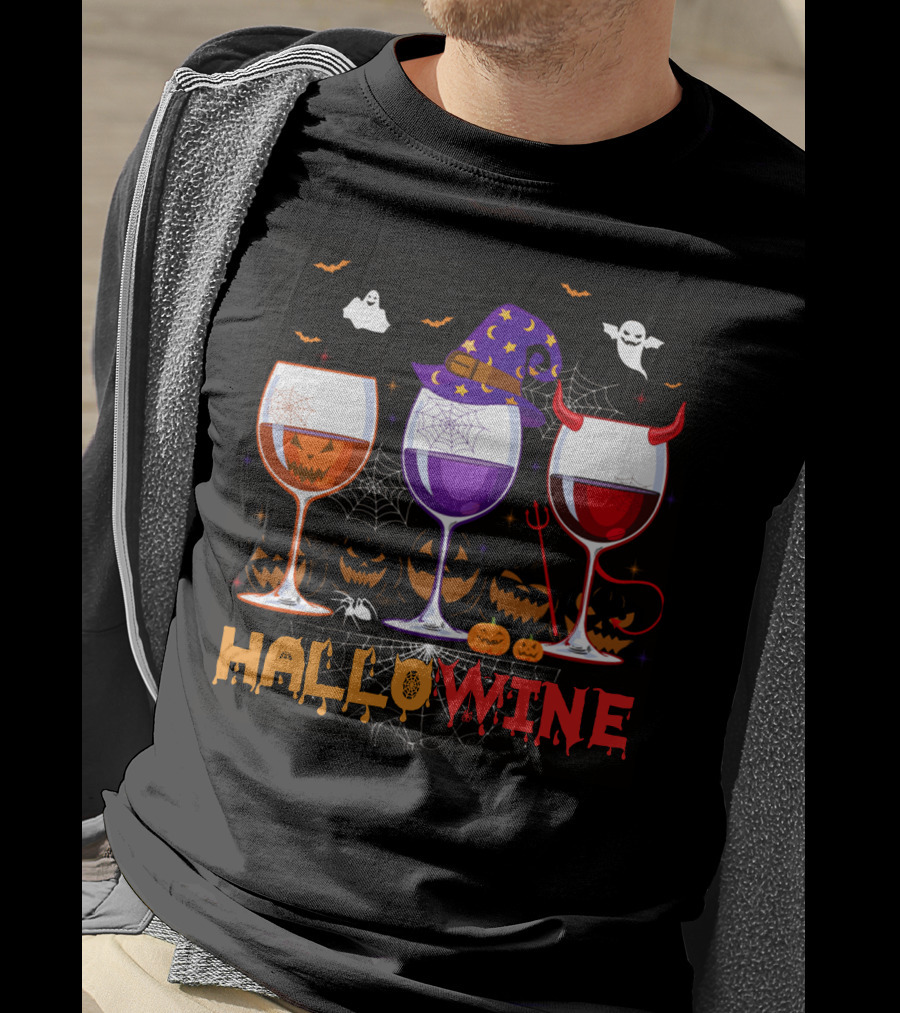 Haloween Hallowine Witch Hat Devil Horns Jack-O'-Lanterns Wine Glasses T-Shirt