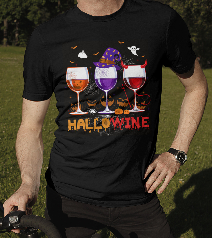 Haloween Hallowine Witch Hat Devil Horns Jack-O'-Lanterns Wine Glasses T-Shirt