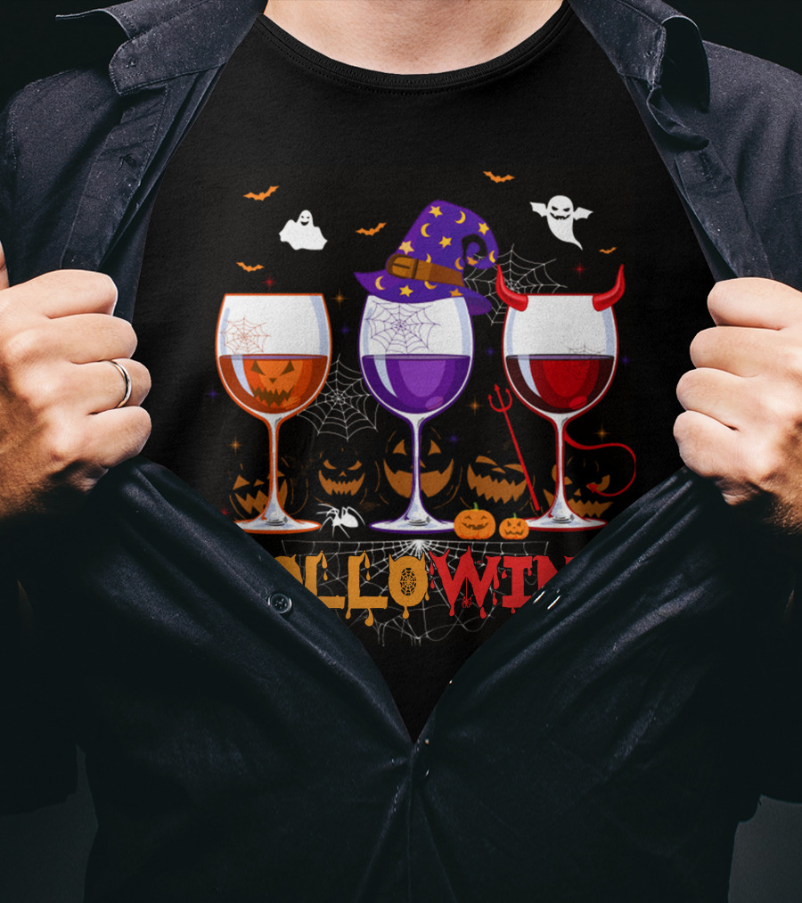 Haloween Hallowine Witch Hat Devil Horns Jack-O'-Lanterns Wine Glasses T-Shirt