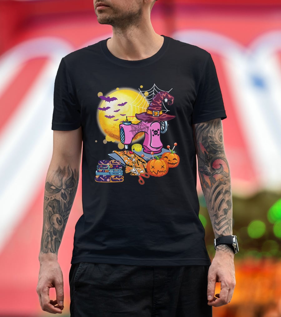 Sewing Machine Witch Hat Halloween Pumpkins Bats Moon T-Shirt