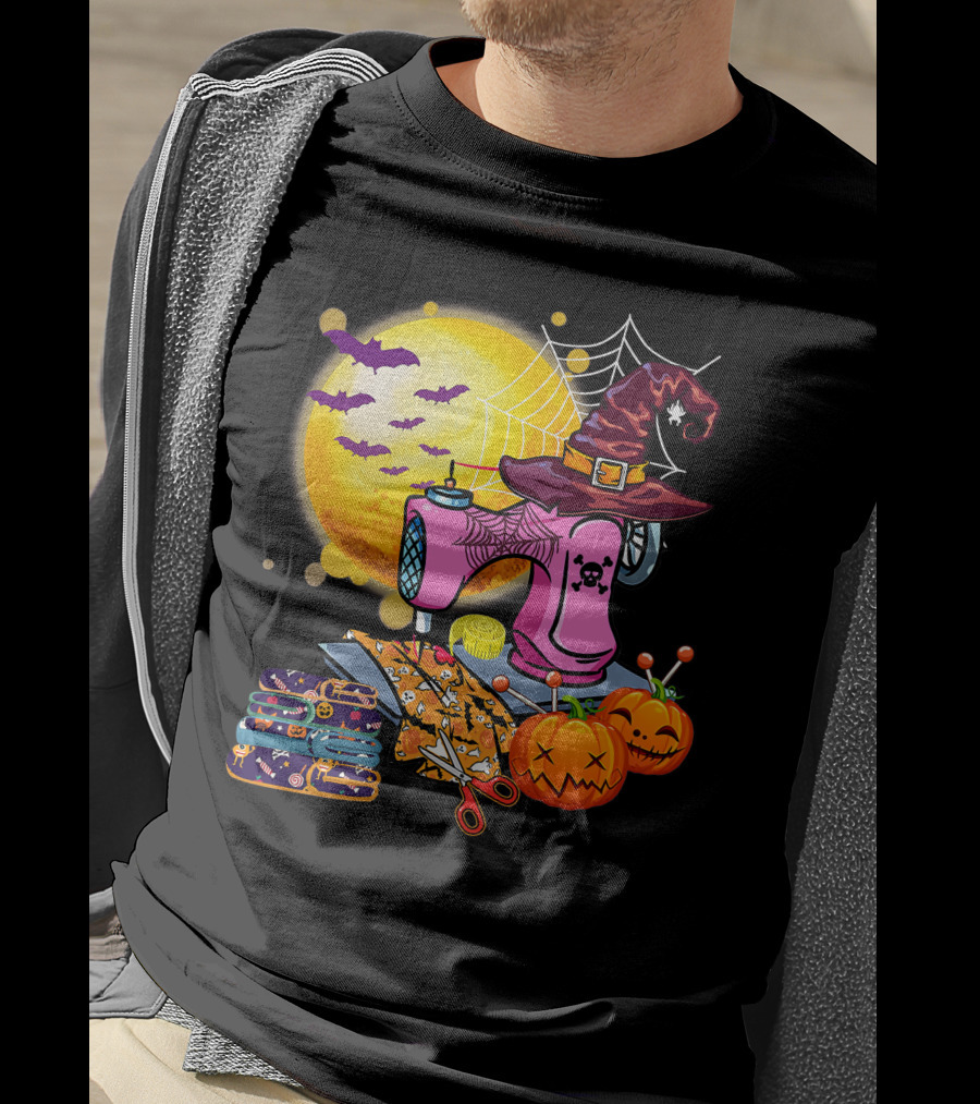 Sewing Machine Witch Hat Halloween Pumpkins Bats Moon T-Shirt