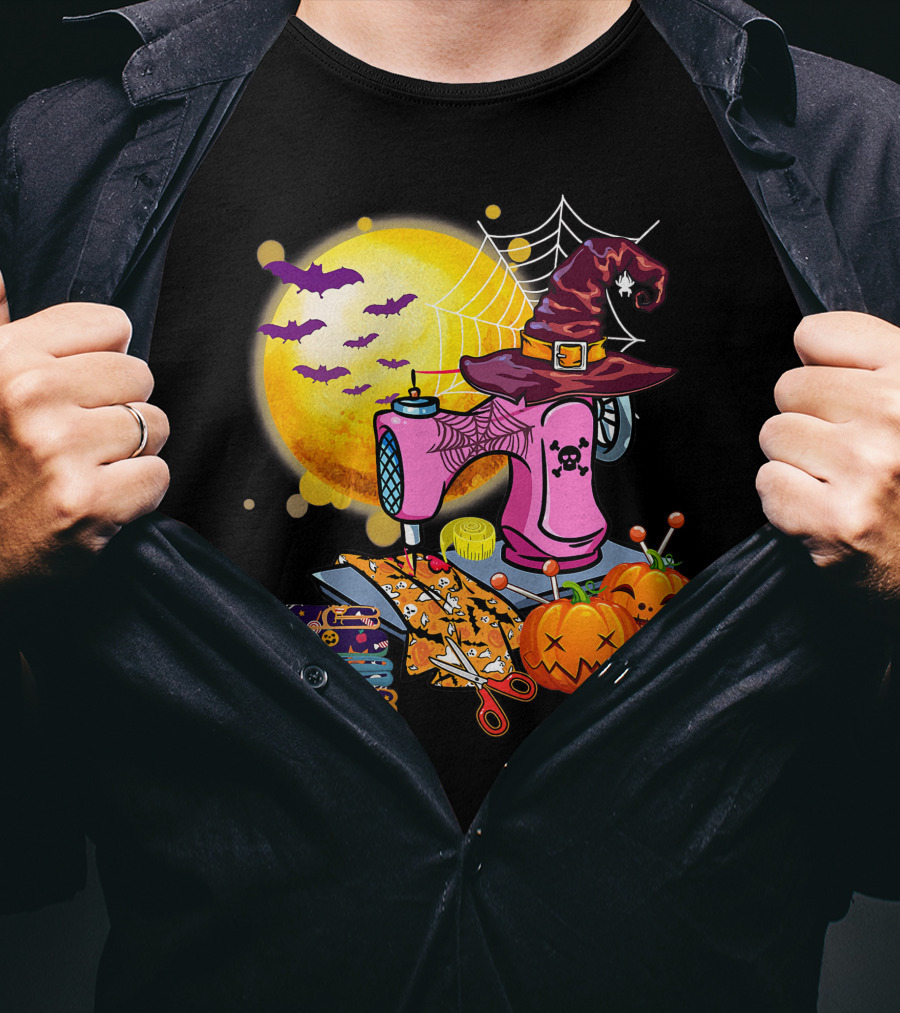 Sewing Machine Witch Hat Halloween Pumpkins Bats Moon T-Shirt