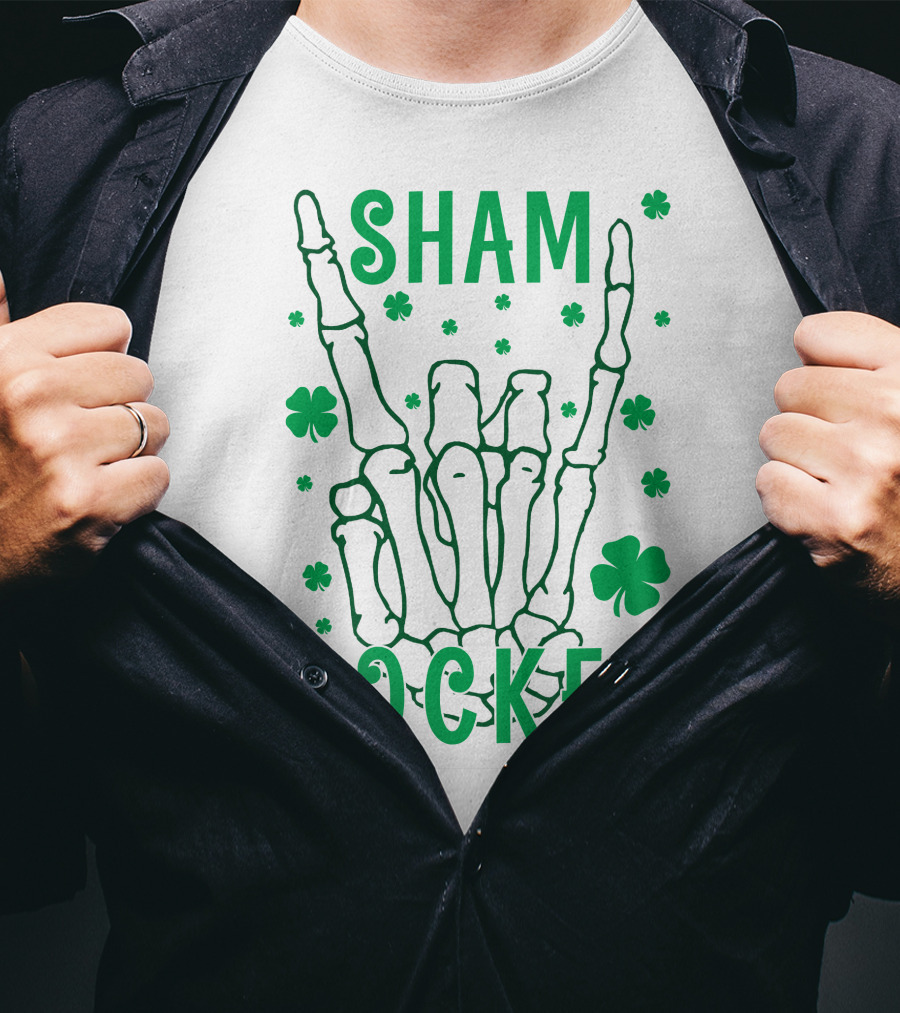 SHAM ROCKER Skeleton Hand With Shamrocks T-Shirt