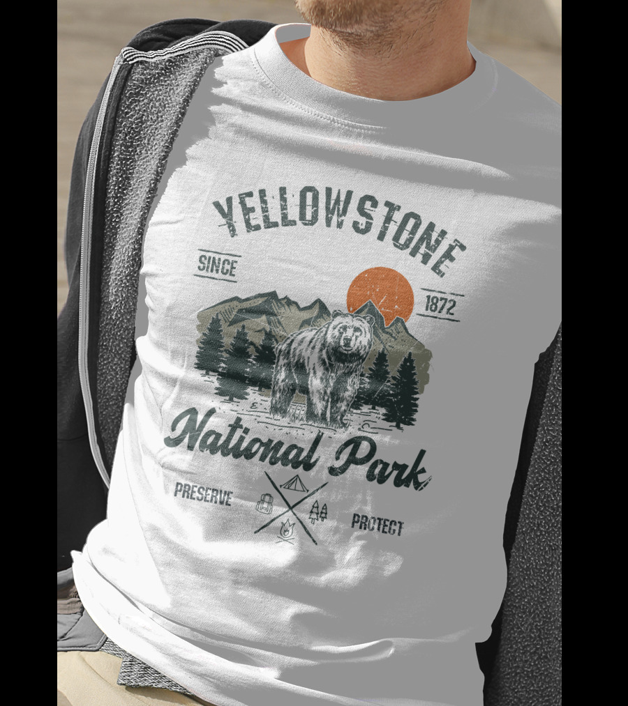 Yellowstone National Park Since 1872 Preserve Protect Vintage Bear Mountain Trees T-Shirt
